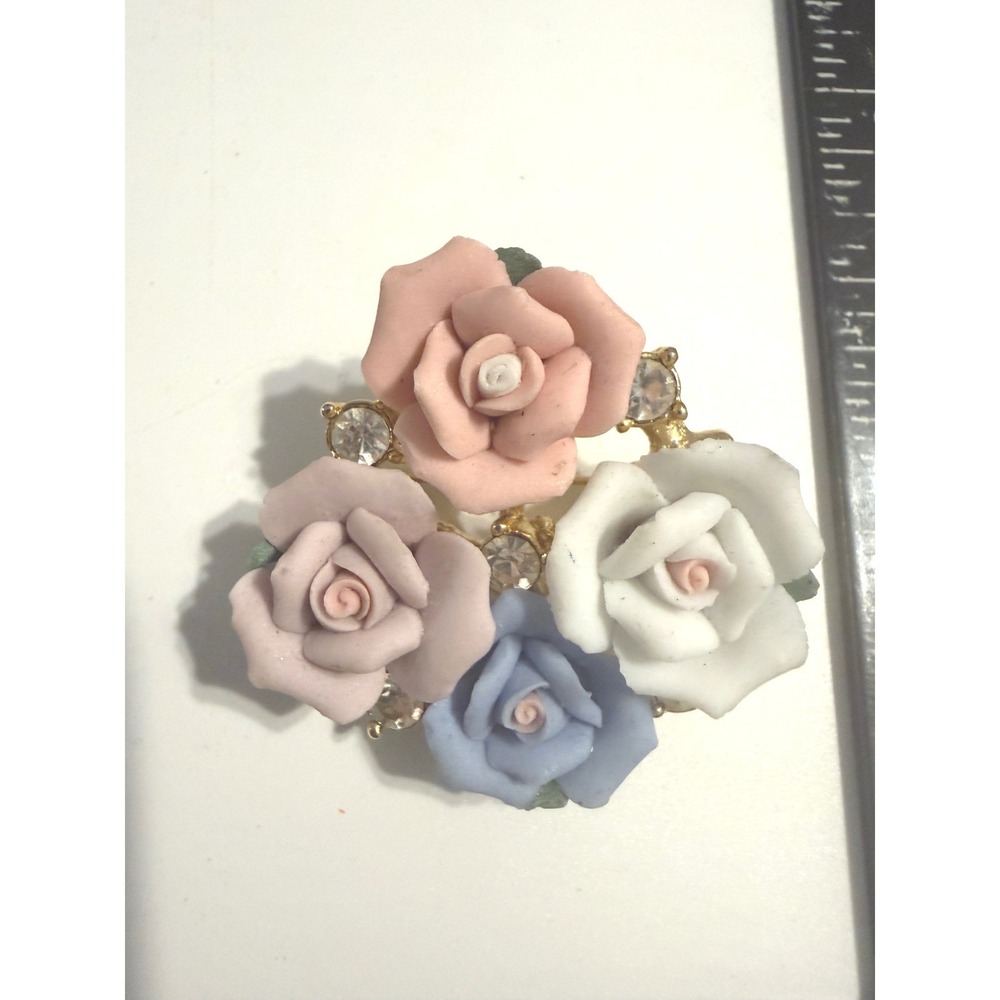 Vintage Pastel Porcelain Rose Flower Brooch Gold Tone Rhinestone Floral Pin